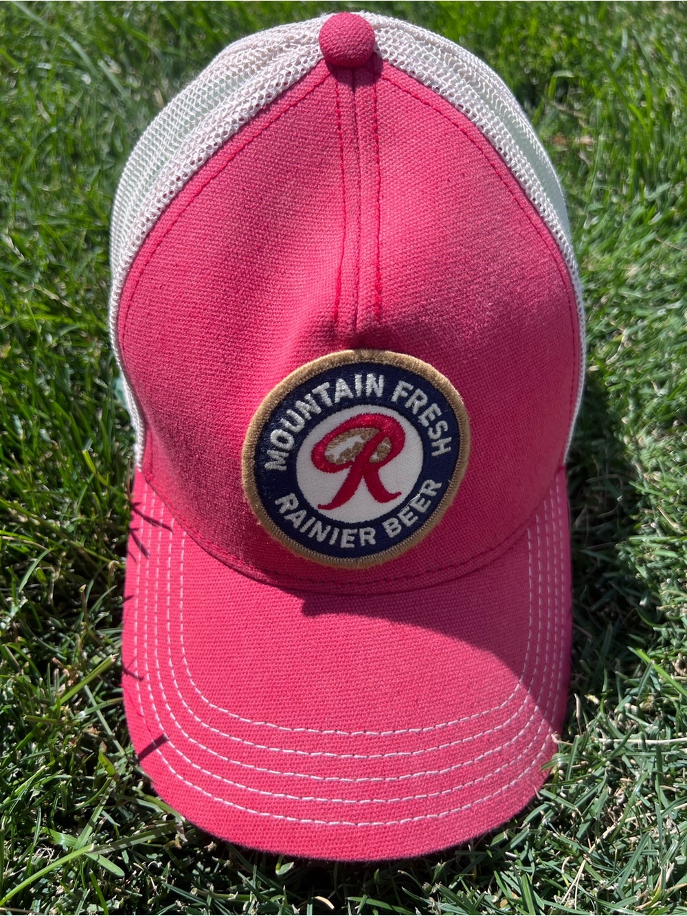 Red and White Rainier Beer Trucker Hat